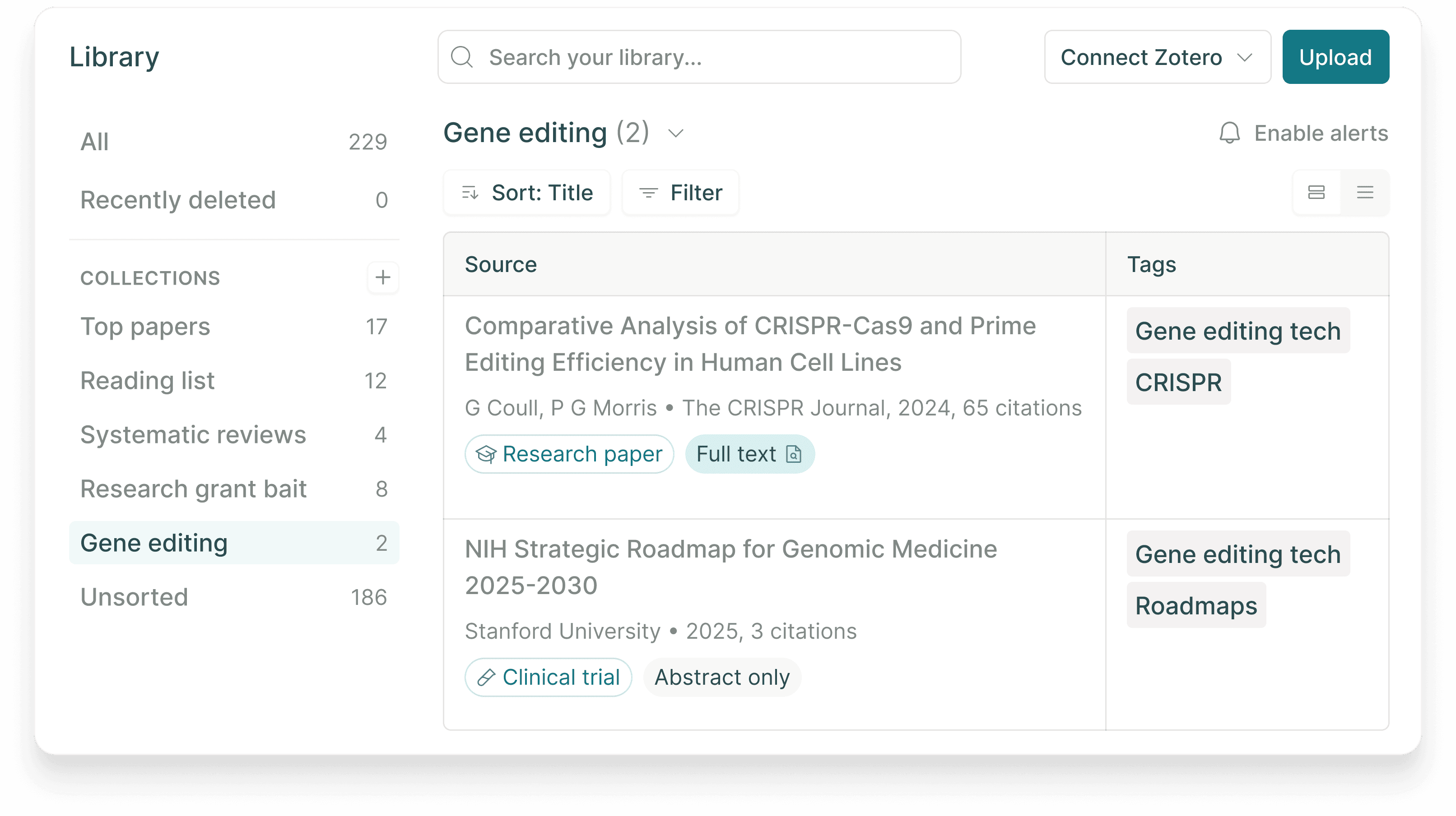 Elicit Library interface showing a 'Gene editing' collection with source lists and tags for efficient research organization