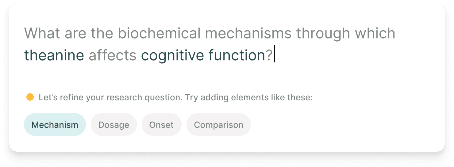 Elicit interface showing a research question about theanine and cognitive function with AI-suggested refinement tags