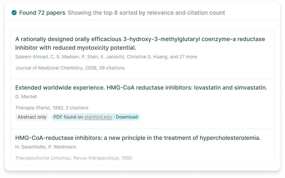 Elicit search results showing top papers with relevance and citation counts