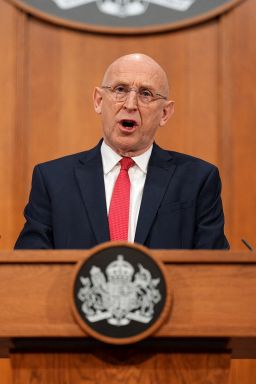 Britain's Defence Secretary John Healey delivers a statement on recent UK operational activity, he said the UK and allies monitored a Russian attack submarine and two spy submarines in the North Atlantic for a month before they retreated, at 9 Downing Street in Westminster, central London, Britain, April 9, 2026.    Yui Mok/Pool via REUTERS
